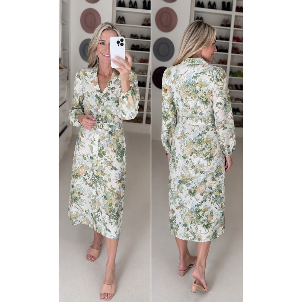 Mason's Daughter Chinoiserie Floral Linen Blend Belted Shirt Dress Midi Size S